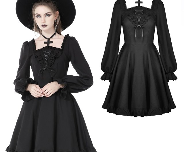 Cross neck strap square neck ruffle long sleeve dress dark gothic