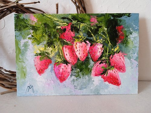 AboutART Strawberry Painting Original Art Fruit wall art Oil on canvas 20*30cm