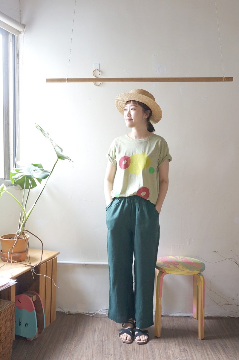 心花系列-舒服森林綠色亞麻口袋直筒口袋寬褲 - 女長褲 - 棉．麻 綠色