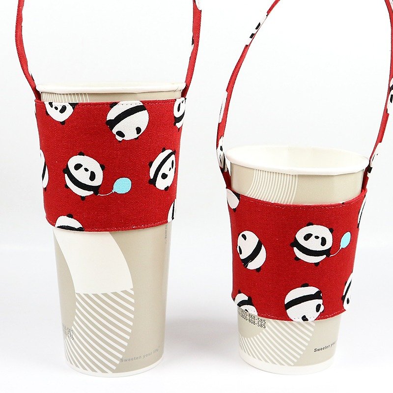 Drink Cup Set Green Cup Sleeve Bag - Panda Round (Red) - ถุงใส่กระติกนำ้ - ผ้าฝ้าย/ผ้าลินิน สีแดง