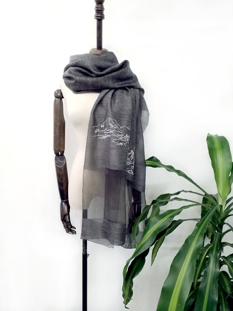 中国スタイルの刺繍シルクウールのスカーフ - 景色の記事 - スカーフ - シルク・絹 グレー