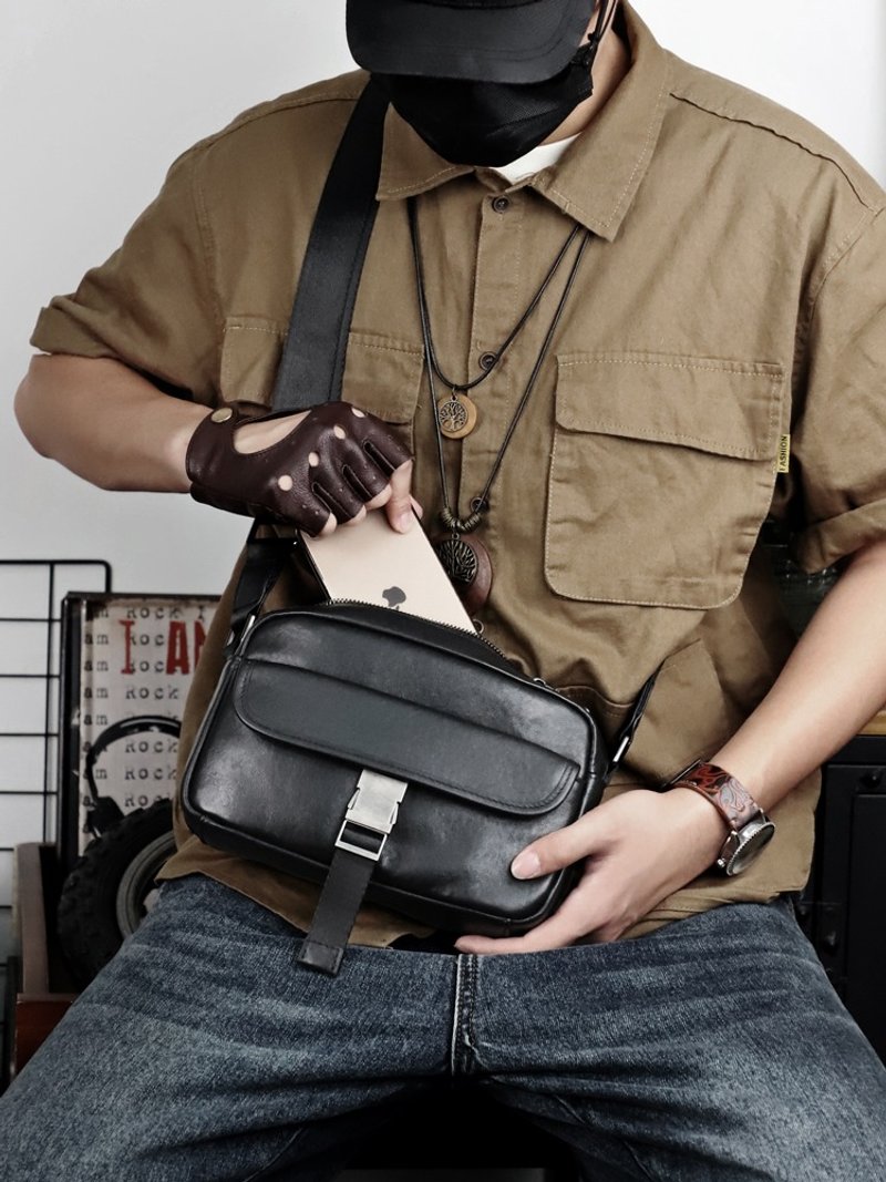 Genuine Leather Men Crossbody Shoulder Bag Casual Business Messenger Bags - กระเป๋าแมสเซนเจอร์ - หนังแท้ สีดำ