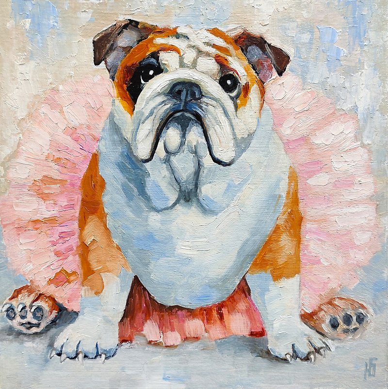 ブルドッグのオリジナル絵画、犬のアート、面白いペットの肖像画、動物的、手工油畫、油畫原作 - ポスター・絵 - その他の素材 多色