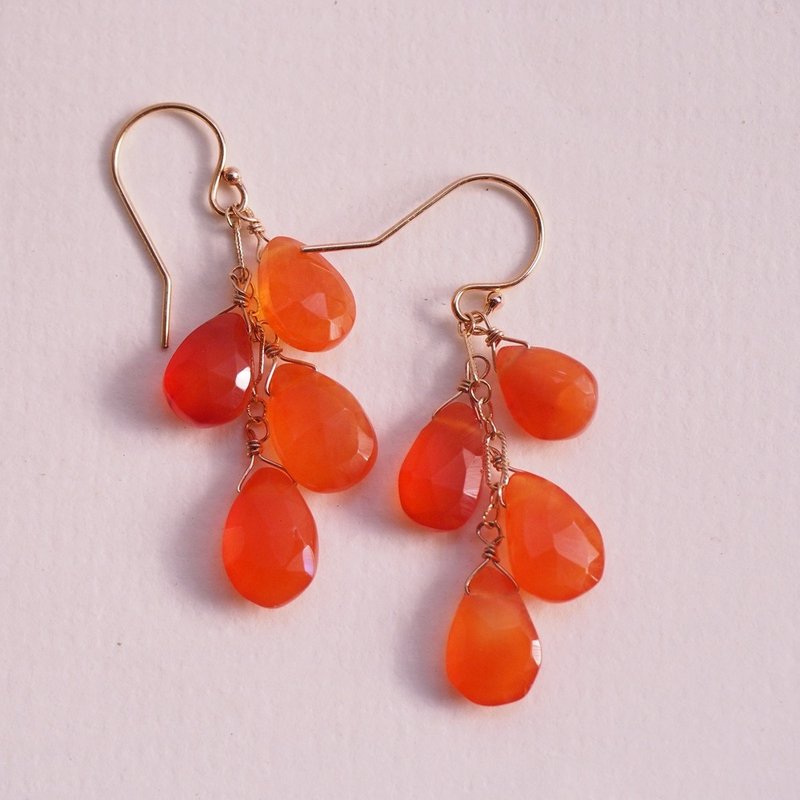 天然光玉髓  紅玉髓 14KGF 吊燈式耳環 Carnelian Earrings - 耳環/耳夾/耳骨夾 - 半寶石 橘色