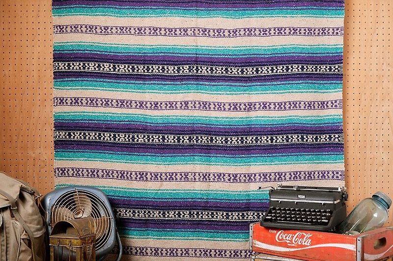 ヴィンテージメキシコ手織りカーペット - 緑米のトーテム - 毛布・かけ布団 - コットン・麻 グリーン
