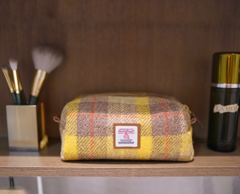 手作りスコットランドレトロチェック柄ジッパーポーチ、コスメポーチ、小物入れ、ミニスクエアバッグ、大容量マルチポーチ - ポーチ - ウール イエロー