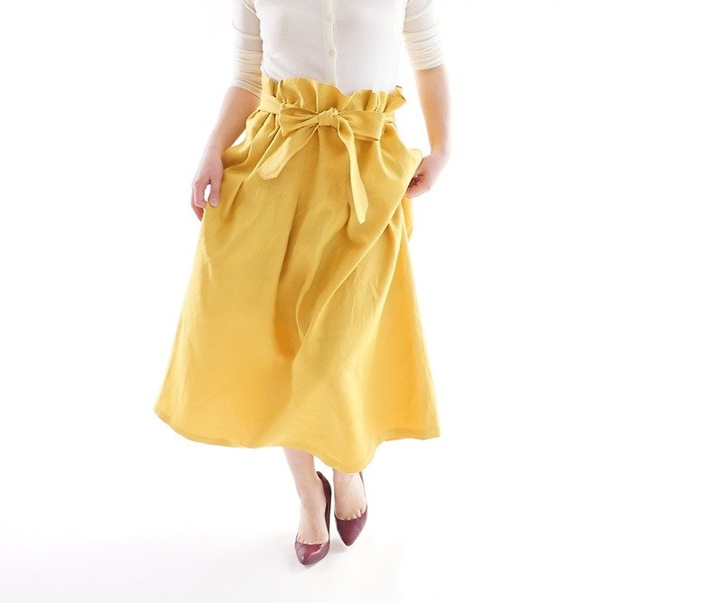 Tuck skirt / chrome yellow Belgian linen double loop sk8-6 - กระโปรง - ผ้าฝ้าย/ผ้าลินิน สีเหลือง