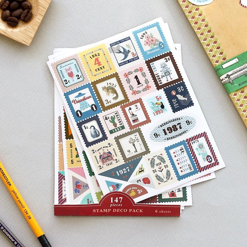 iconic Pocket Friends -147 Vintage Postage Stamp Set (6 in), ICO85324 - สติกเกอร์ - กระดาษ หลากหลายสี