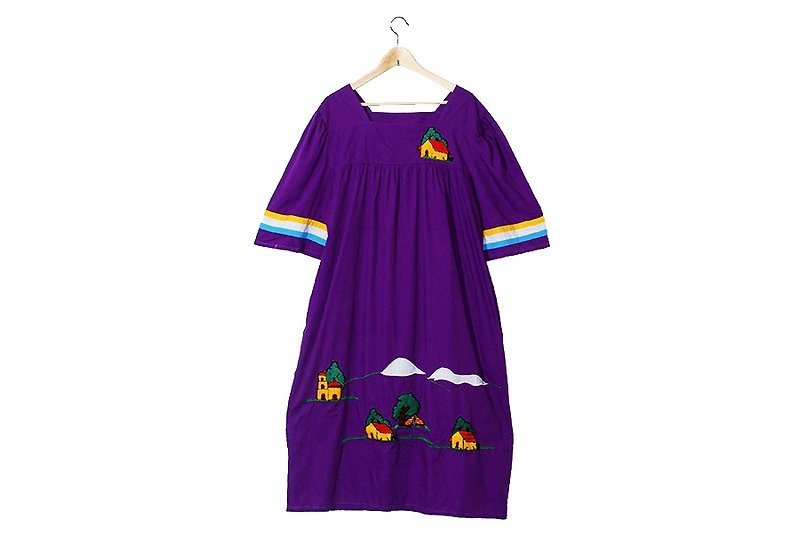 {:::Giraffe 長頸鹿人:::}_ㄩ領田園小屋墨西哥刺繡古著洋裝 - 洋裝/連身裙 - 棉．麻 紫色