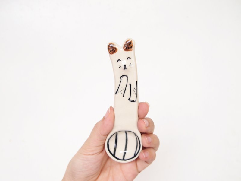 Ceramic spoon picture dog dog spoon - 刀/叉/湯匙/餐具組 - 陶 白色