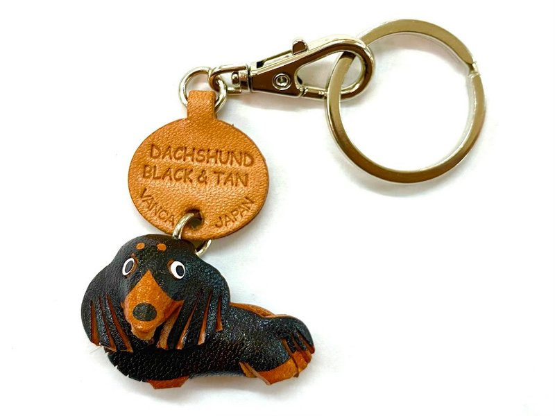 LONG HAIRED DACHSHUND Black Tan  3D Genuine Leather Keychain handmade in Japan - ที่ห้อยกุญแจ - หนังแท้ สีนำ้ตาล