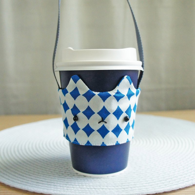Lovely【日本布】幾何方塊喵星人飲料杯袋、貓咪飲料杯套【白藍】 - 飲料提袋/杯袋/杯套 - 棉．麻 藍色