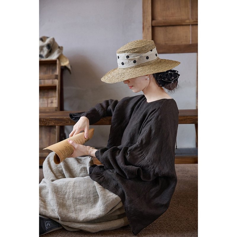 黑棕色亞麻新中式套頭衫 - 女襯衫 - 棉．麻 