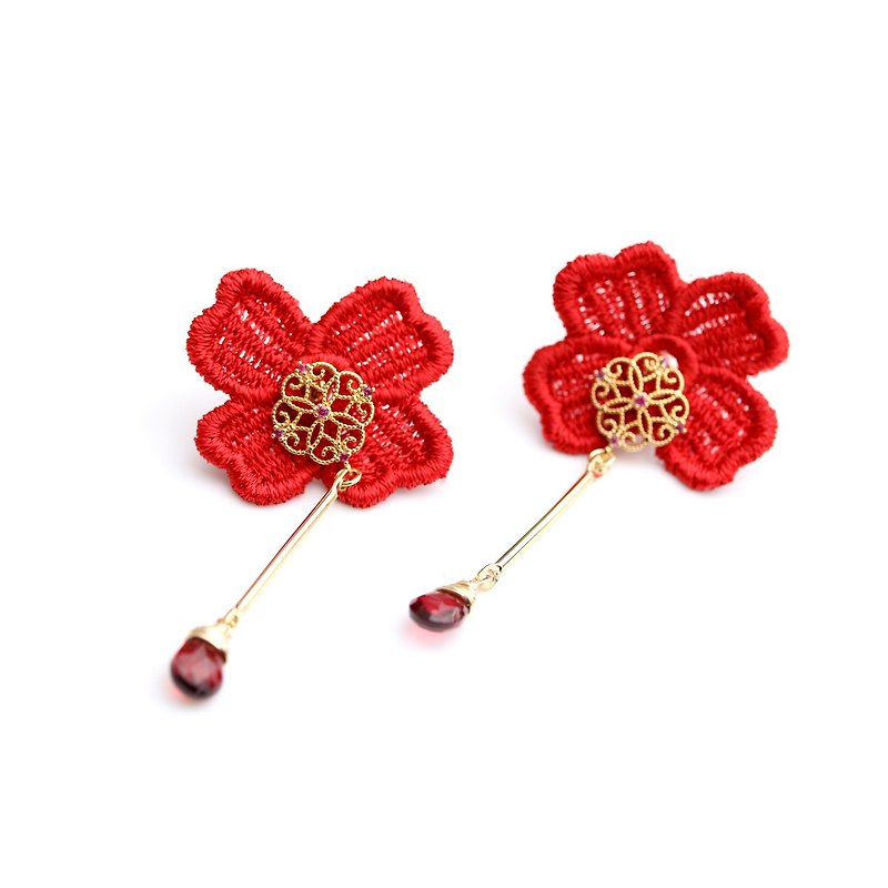 訂做  紅花美人  古典 石榴 兩種戴法刺繡耳環 - 耳環/耳夾 - 繡線 紅色