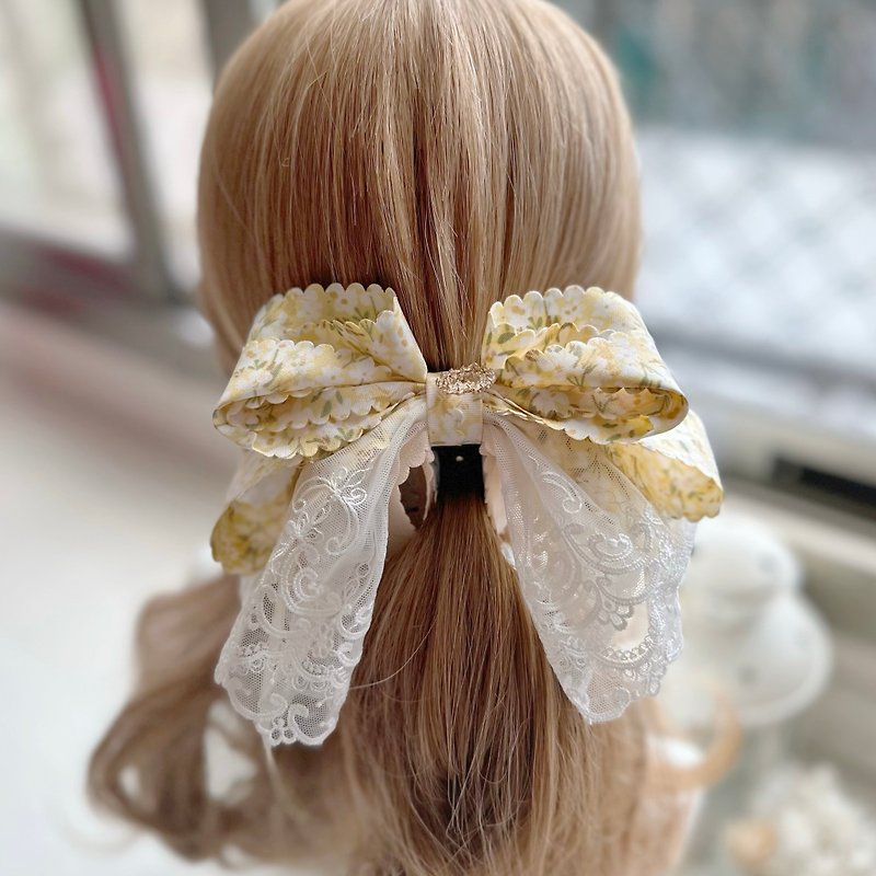 Exclusive three-dimensional lace bow intersecting clip banana clip fairy clip hair clip-full yellow flower - Hair Accessories - Other Materials Yellow