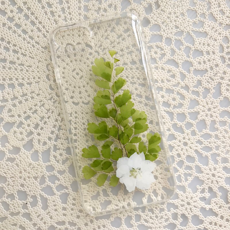 iPhone 7 Dry Pressed Flowers Case White Flower with Green Leaves 024 - Phone Cases - Plants & Flowers Green
