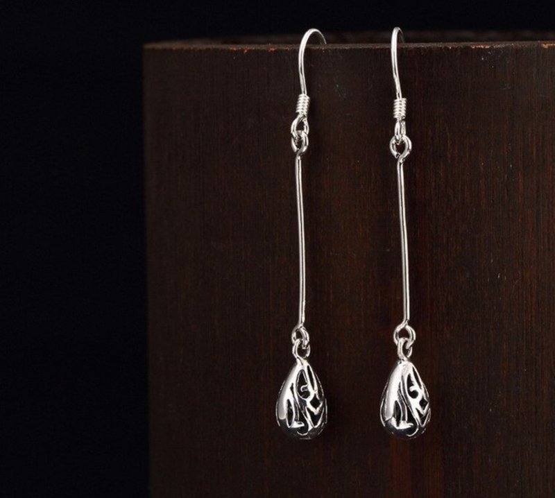 S 925 Sterling Silver Women Vintage Jewelry Hollow Waterdrop Dangle Earrings - ต่างหู - เงินแท้ สีเงิน