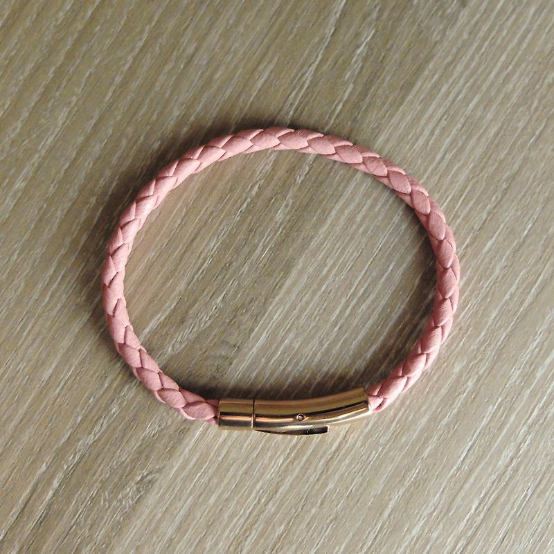 316不銹鋼 玫瑰金扣件 4mm粉紅色 真皮 編織皮繩 - 手鍊/手環 - 真皮 粉紅色