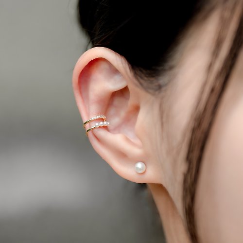 Zuzu Jewelry Pearls 珍珠排鑽耳骨夾 925純銀 單鑽珍珠夾式耳環