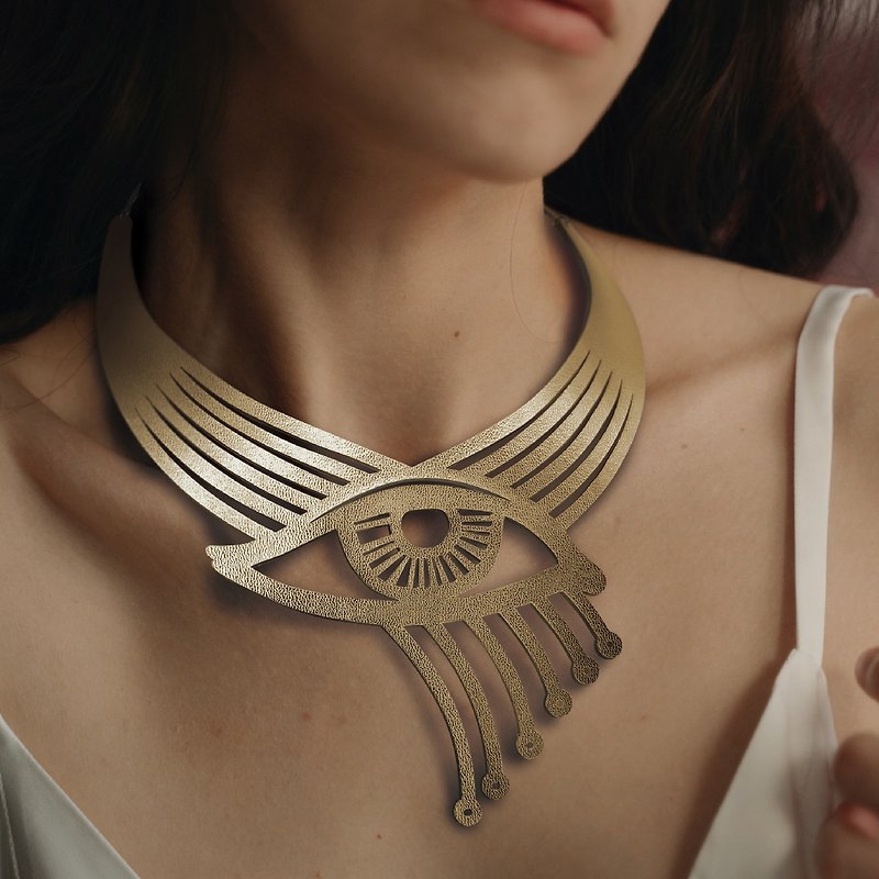 [Horus Series] Eye of Horus Metallic Leather Necklace/Clavicle Chain - สร้อยคอ - หนังแท้ สีทอง