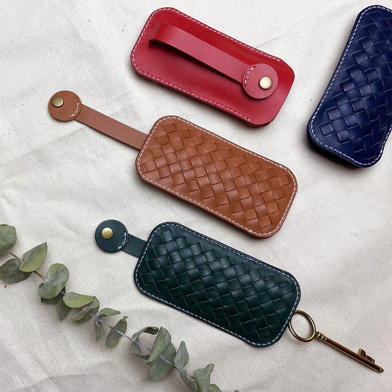 Braided vegetable-tanned leather key case - ที่ห้อยกุญแจ - หนังแท้ สีเขียว