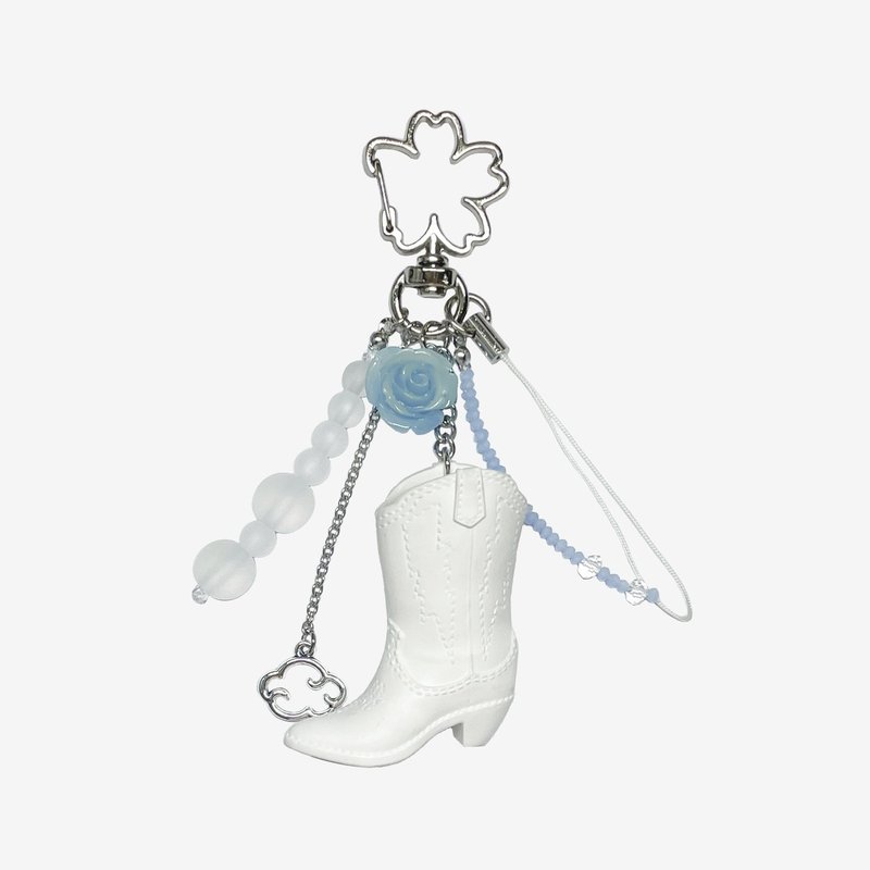 Cloudy White Western Boots with Blue Rose Beaded Keychain Bag Charm Gift - 鑰匙圈/鑰匙包 - 其他材質 白色