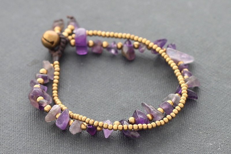 Amethyst Beaded Bracelets Woven Stone Strand Brass - สร้อยข้อมือ - หิน สีม่วง