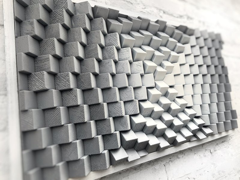 Geometric Gray White Artwork - 3D Acoustic Panel - Minimalistic Wall Decor - 壁貼/牆壁裝飾 - 木頭 白色
