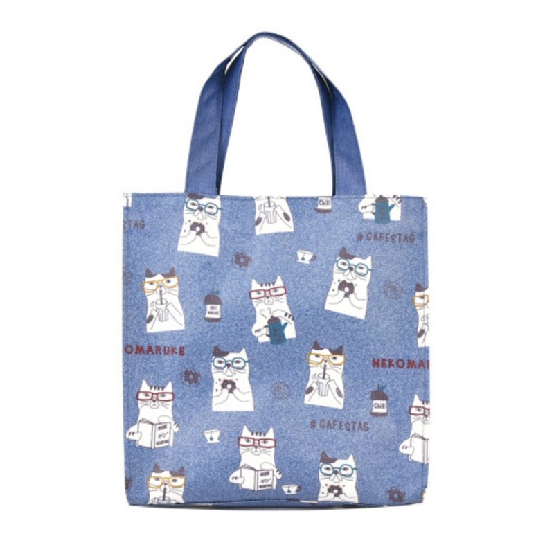 Kusuguru Japan 手提包 防水覆膜材質萬用包 NEKOMARUKE貓丸-藍色 - 手提包/手提袋 - 聚酯纖維 藍色