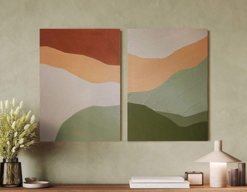 Orange Green Painting |  Two Piece Wall Art | Green Abstract Art | Field Set - 壁貼/牆壁裝飾 - 棉．麻 橘色