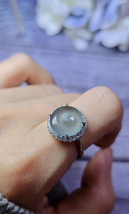 Luien路安翡翠 |夢幻天空藍|冰玻淡天藍膠平安釦11.8mm純銀鍍18k簡約戒指