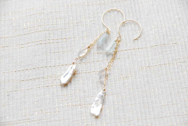 Aquamarine, double point crystal and keshipearl summer earrings 14kgf - ต่างหู - เครื่องประดับพลอย สีน้ำเงิน