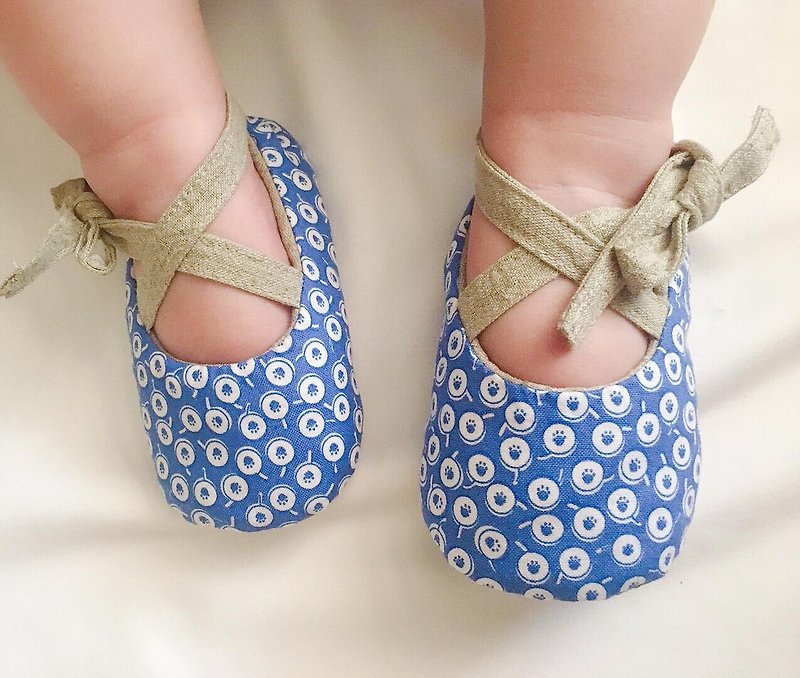 125日本藍波點X日本先染布手工綁帶寶寶鞋嬰兒鞋學步鞋 - 嬰兒鞋/學步鞋 - 棉．麻 藍色