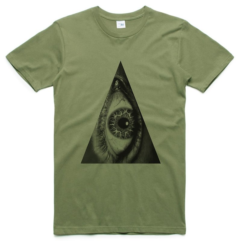 Triangle Eye Unisex Short Sleeve T-shirt Army Green Triangle Eye Geometric Design Homemade Brand Fashion Round Bright Justice - เสื้อยืดผู้ชาย - ผ้าฝ้าย/ผ้าลินิน สีเขียว