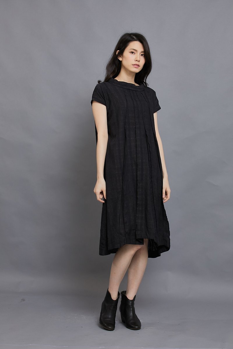 paper umbrella dress-black flower - ชุดเดรส - ผ้าฝ้าย/ผ้าลินิน สีเทา