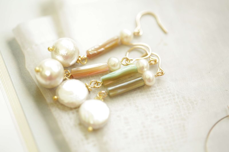 Natural shell straight tube pearl earrings │ Baroque pearl cotton pearl can change clip-on birthday gift - ต่างหู - ไข่มุก สึชมพู