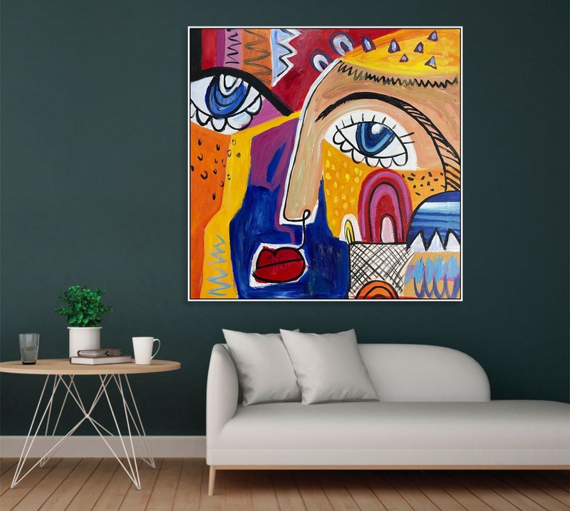 Bold Abstract Face Art Colorful Cubist Portrait Painting Vibrant Geometric Art - 壁貼/牆壁裝飾 - 壓克力 多色