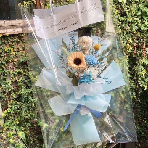 無聊玩玩花 水藍色 畢業向日葵小太陽花束 乾燥花/聖誕節/畢業花束/畢業季