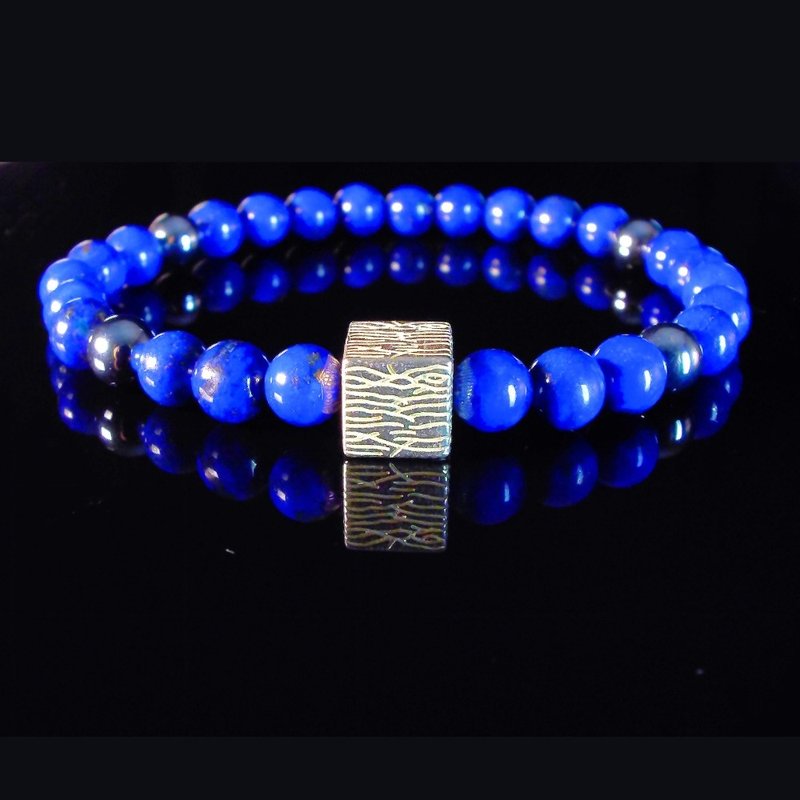 S925 Square Silver with Lapis Lazuli Terahertz Men's Bracelet QBR-00034 - สร้อยข้อมือ - เงิน 