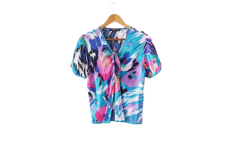80s LEONARD FASHION PARIS Pastel Abstract printed with cute Petal sleeve, Size L - 女裝上衣 - 棉．麻 藍色