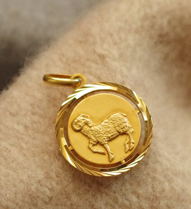 古董金色雕刻牡羊動物星座圓形墜子 項鍊CH264 - 項鍊 - 其他金屬 金色