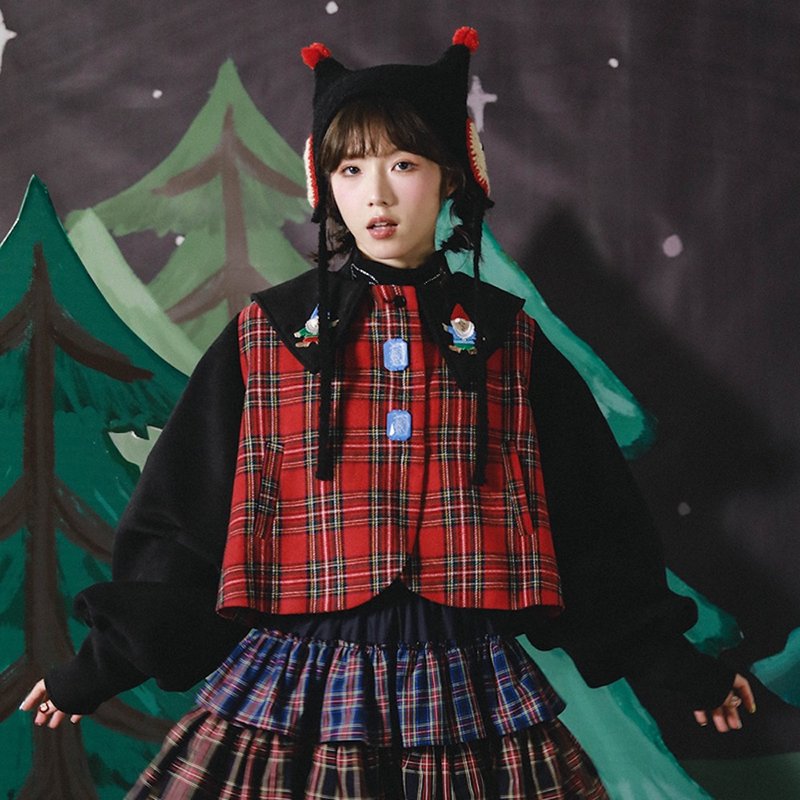 The Secret of Uuchou Island Forest Sapphire Goblin Embroidery Red Check Splicing Lolita Shape Wide Sleeve Short Jacket - เสื้อผู้หญิง - วัสดุอื่นๆ หลากหลายสี