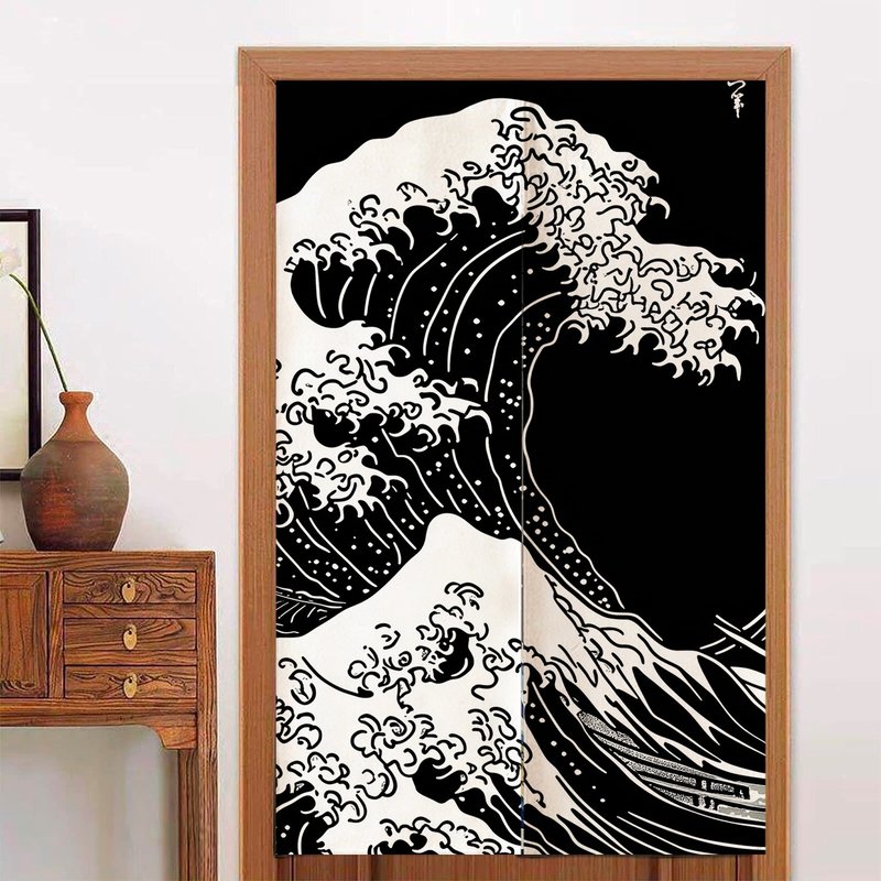 大海浪日式門簾黑色居家質感隔斷簾子/開運好物 - 門簾/門牌 - 聚酯纖維 黑色