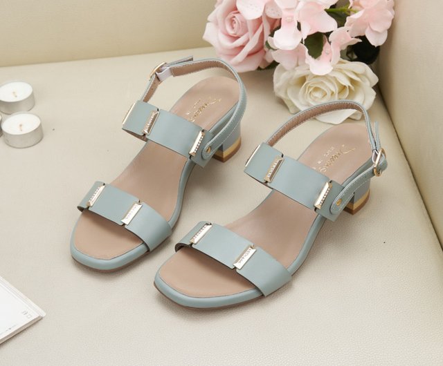 Rhinestone Gold Buckle Double Strap Square Toe Low Heel Sandals