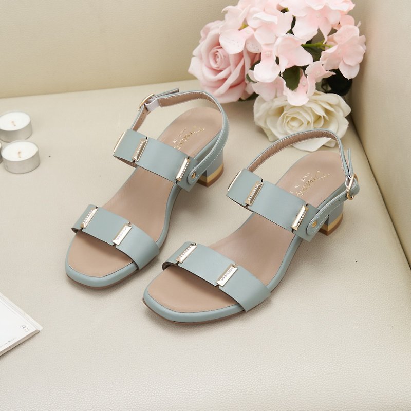 Rhinestone Gold Buckle Double Strap Square Toe Low Heel Sandals 4.5cm Freshwater Blue - High Heels - Genuine Leather Blue