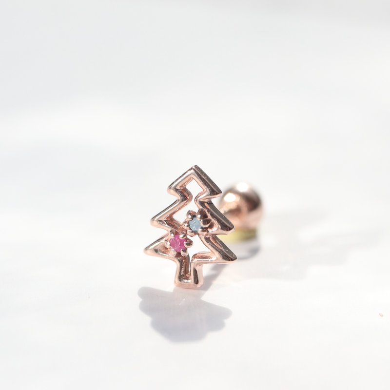 14K 彩色鑽石聖誕樹鎖珠耳環(單個)耳骨 耳窩 不退色 - 耳環/耳夾/耳骨夾 - 貴金屬 金色