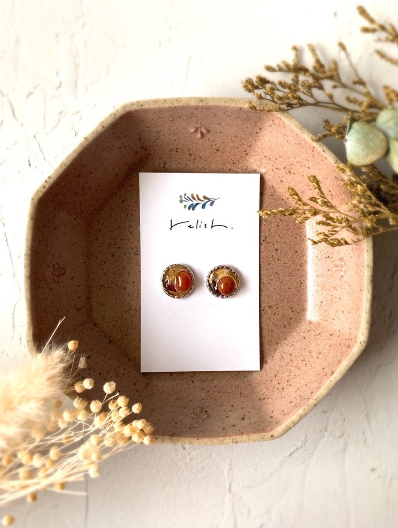 Unique natural stone garnet citrine sardonyx gold pierced Clip-On Silver earrings orange gold silver yellow - Earrings & Clip-ons - Stone Orange