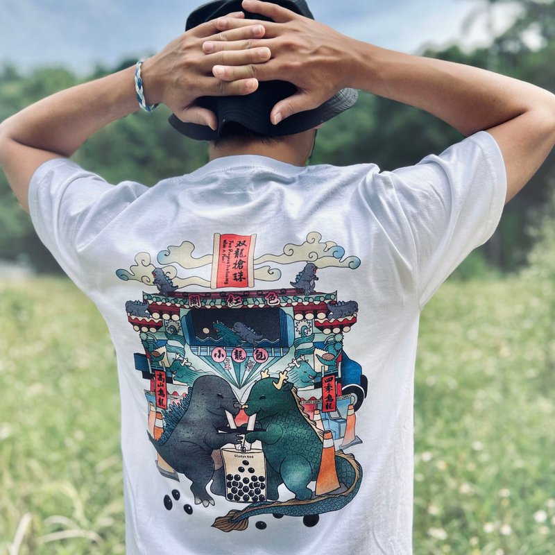 【小龍包 一 雙龍搶珠】厚磅短袖T-shirt - 男 T 恤 - 棉．麻 白色