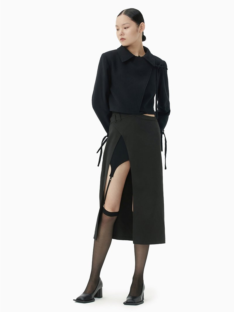 Waist hollow irregular garter slit double layer long skirt - Skirts - Other Materials Black