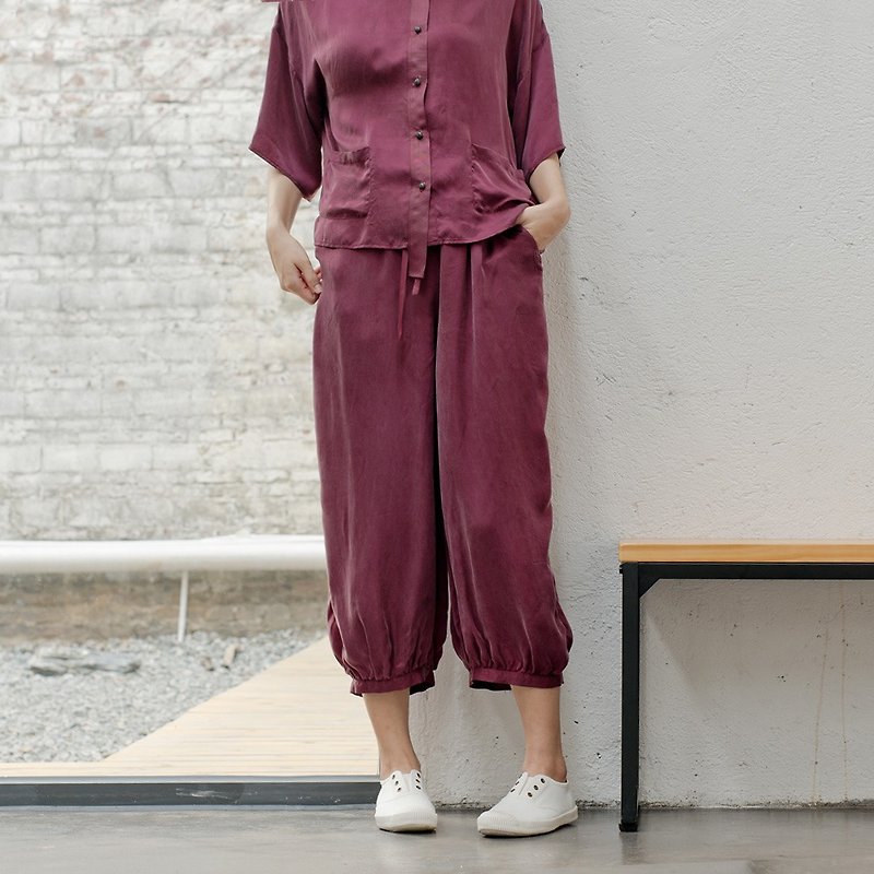 BUFU soft cuprammoniu wide-leg pants purple/black - กางเกงขายาว - ผ้าไหม สีม่วง
